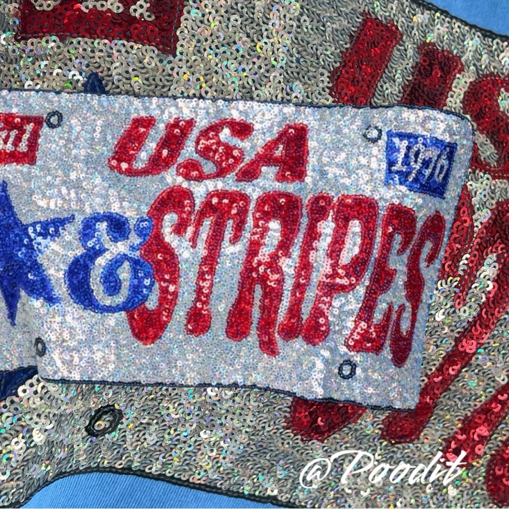 FANTASTIC FAWN USA stars & stripes sequin oversized tee sz S M L - Picture 5 of 6